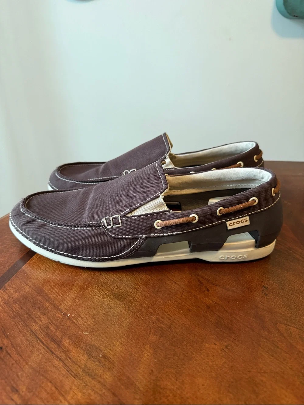 Crocs Beach Line Boat Shoes Brown Canvas Rubber Slip On Men’s Size 12